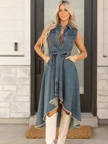 Đầm denim không tay cài cúc phía trước, kiểu dáng retro, thắt eo lệch vai, phong cách nghỉ dưỡng mùa xuân, thích hợp cho mùa xuân. - Màu xanh lam - Xem 2