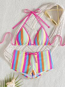 wohenmeili Colorful Striped Bikini Set For Beach Vacation Summer - Vertical Stripes + Rose Red Border - View 3