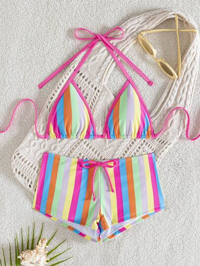 wohenmeili Bộ bikini kẻ sọc nhiều màu sắc cho kỳ nghỉ hè ở bãi biển.
