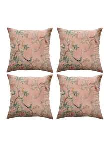 1/2/4 piezas Funda de almohada de estilo chino vintage con diseño de pájaros y flores, de fibra de poliéster suave, tamaño 17.7X17.7 pulgadas (45X 45cm), con cierre de cremallera, lavable a máquina, impresa, adecuada para la decoración del hogar en la sala de estar y el dormitorio - Rosa - Ver 9