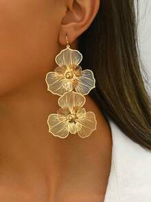 1 Pair Fashion Purple Double-Layer Flower Earrings, Exaggerated Design, Women's Long Multi-Layer Flower Pendant Earrings, Suitable For Valentine's Day, Daily Wear, Mother's Day, Gift - Double-layered Flower Earrings - View 3