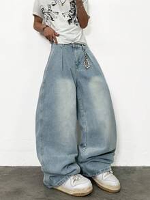 1pc Justice Brother Casual Loose Fit Wide Leg Jeans, Versatile Streetwear Design For Commuting, All Seasons - Blue - View 5