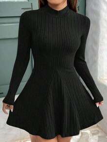 Cute Long Solid-Color Casual Dress, Spring-Autumn Style, Suitable Family Gatherings, Parties, Commuting, Dating And Dance Events. - 黑色 - 查看 3