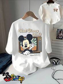 Disney  Retro Mickey TV Print Front And Back Design Women'S Versatile Casual Fashion Short-Sleeve T-Shirt, Soft And Skin-Friendly, Breathable To Avoid Sweatiness, Bidding Farewell To The Sticky Feeling Of Summer - trắng - Xem 1