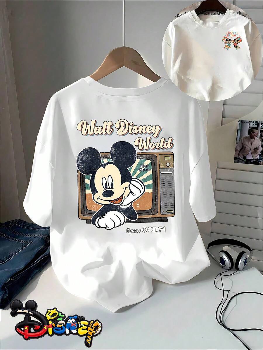 Disney  Retro Mickey TV Print Front And Back Design Women'S Versatile Casual Fashion Short-Sleeve T-Shirt, Soft And Skin-Friendly, Breathable To Avoid Sweatiness, Bidding Farewell To The Sticky Feeling Of Summer - trắng - Xem 1