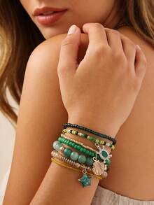 7pcs Bohemian Elegant Luxury Fashion Versatile Handmade Beaded, Crystal, Turtle, Starfish, Shell Pendant Elastic Bracelet Set, Suitable For Women Beach, Vacation, Party, Perfect Gift, Everyday Wear - Multicolor - View 3