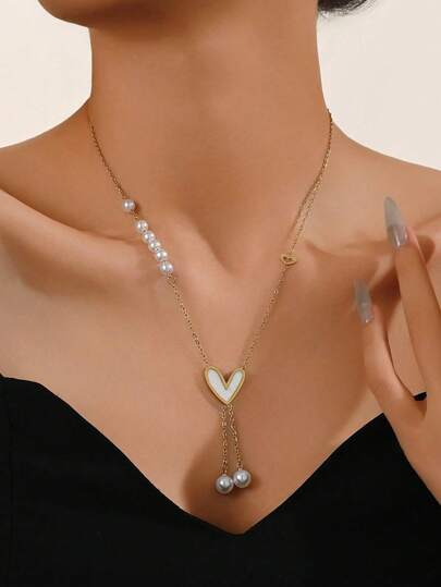 1件甜美仿珍珠白色贝壳心形吊坠设计锁骨链百搭不锈钢项链