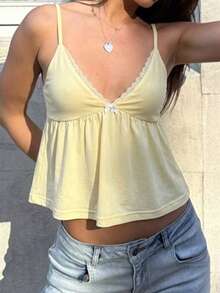 阳光少女风女士夏季Y2K蕾丝边蝴蝶结装饰吊带背心，黄色休闲衬衫，适合街头、约会、办公室和居家穿着 - 黃色 - 查看 7