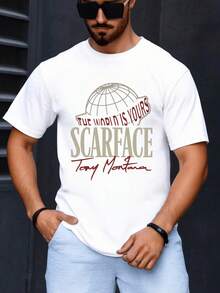 Globo con la frase el mundo es tuyo representa la ambición la fuerza y la determinación de alcanzar el éxito con tipografía grande y detalles rojos que transmiten energía moderna camiseta de hombre cómoda y casual para uso diario - Blanco - Ver 1