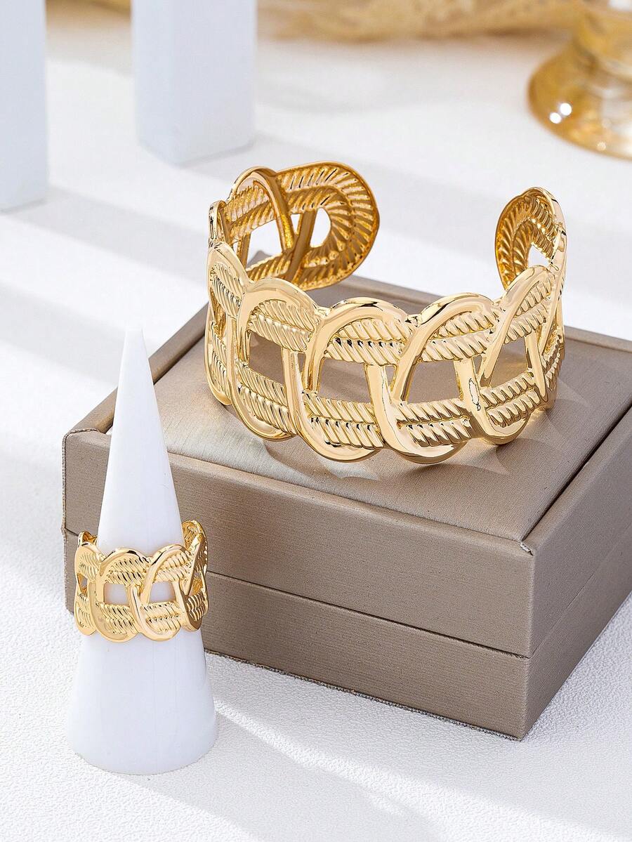 一套几何开口手镯套装（女士） - 金黃色 - 查看 1