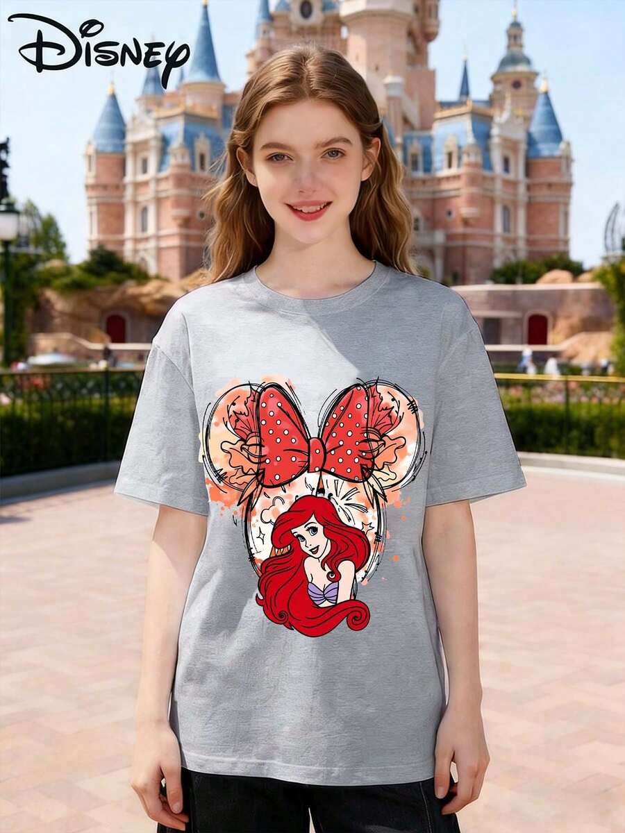 This Disney-Licensed Women's Summer Cotton T-Shirt Features A Mickey Mouse Head With A Red Polka-Dot Bow At The Ear Position, Centered Around Disney's  Creating A Lively Party Vibe. Perfect For Taking Photos At Disneyland, As A Travel Souvenir, Or For Everyday Casual Wear. As Part Of A Disney Family Travel Set, It Also Makes An Ideal Valentine's Day Gift For Friends And Family. This New Spring Style Is Comfortable Against The Skin And Suitable For Outdoor Wear. - Grey - View 1