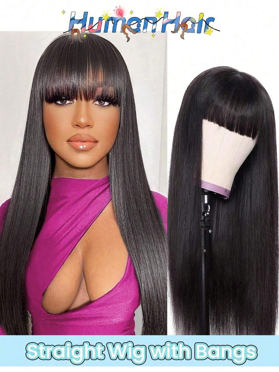 Long Straight Human Hair Wig With Bangs 180% Density Straight Glueless Machine Made Wig With Bangs Natural Black Easy Wear To Go Beginner-Friendly Natural Looking Soft Hair For Daily Wear, Cosplay - Natural Black - View 1