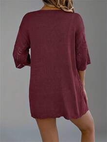 Áo khoác cardigan dệt kim tay ngắn khoét lỗ mùa hè mới, áo khoác mỏng che chắn khi đi biển cho nữ. - Màu Đỏ Sâu - Xem 2