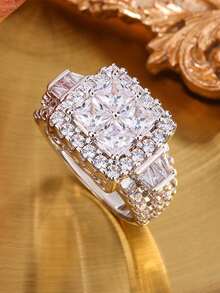 优雅方形合成立方氧化锆情侣戒指，订婚/结婚礼物首饰 - 白色 - 查看 7