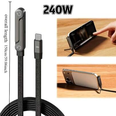 65W-240W Foldable Fast Charging Cable With Adjustable Phone Stand, Dual Type-C & USB-C Super Fast Charging, Bend-Proof Design, Compatible With Apple 15-17 Series, S, Suitable For Car And Home Use