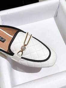 Mengshangli Plaid Preppy Style Backless Loafers For Women, Retro Metal Rhinestone Decor, Flat Slip-On Shoes For Office, Vacation, Party In Spring/Summer - White - View 7