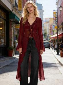 Womens Sheer Ruffle Tops Flare Long Sleeve V Neck Fashion Solid Color Tie up Front Going Out Shirts - Rojo - Ver 1