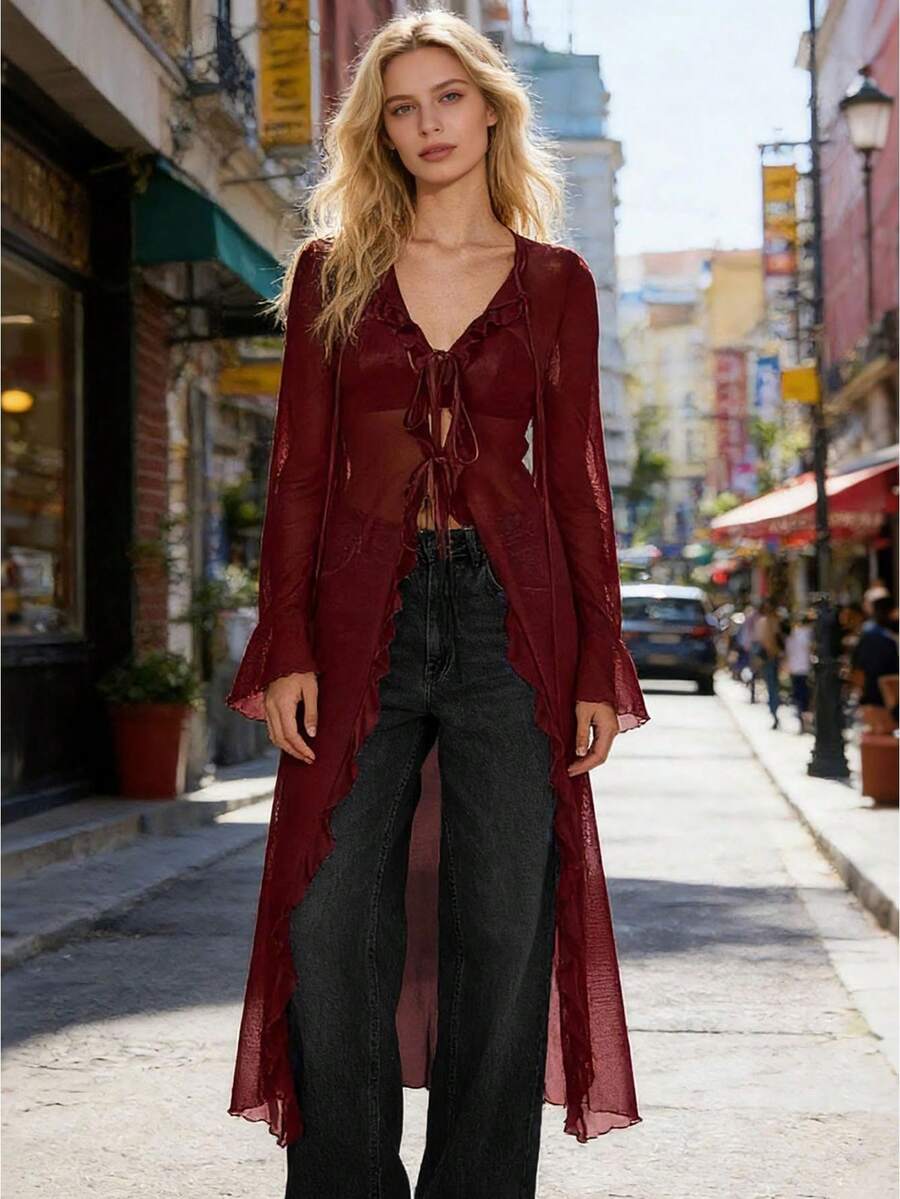 Womens Sheer Ruffle Tops Flare Long Sleeve V Neck Fashion Solid Color Tie up Front Going Out Shirts - Rojo - Ver 1