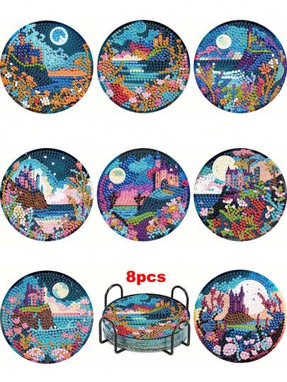 Bộ 8 miếng lót ly tranh đính kim cương tự làm hình phong cảnh biển đêm, mặt kim cương tròn sáng bóng, keo dán chắc chắn kèm đầy đủ dụng cụ, dễ dàng cho người mới bắt đầu, thích hợp làm thủ công giảm căng thẳng, quà tặng năm mới, Ngày Valentine, Giáng sinh, Ngày Nhà giáo, đồ trang trí nhà cửa, lót ly để bàn cho gia đình, bạn bè, giáo viên.
