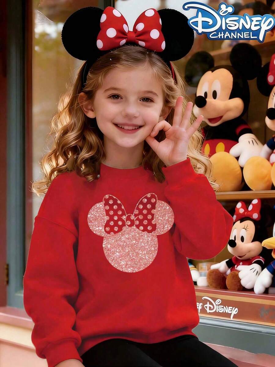 [Disney Officially Licensed]Disney Minnie Mouse Print Red Hoodie Kids' Fleece-Lined Oversized Pullover Park-Exclusive Cartoon Casual Top - 紅色 - 查看 1