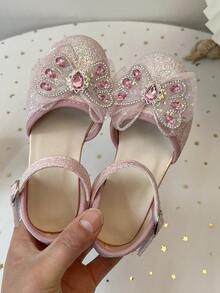 Sparkling Pink Princess Heels For Girls, Glitter Sequin Party Shoes With Jeweled Bow & Adjustable Strap, Fancy Dress Up Shoes - Pink - View 2