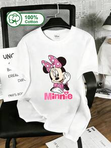 Disney Women's Casual Daily Wear, 100% Cotton Short Sleeve T-Shirt, Features Mickey Mouse Resting His Chin And Smiling, With Pink Gradient Letters And Heart Pattern Print, Sweet Girly Style, Gentle And Age-Reducing. Suitable For Daily Wear, Disney-Themed Outings, Dates, And Casual Shopping. Summer Clothing, T-Shirt With A Pink Base, White Polka Dots, And Bow Mickey Mouse Pattern Print. - White - View 2