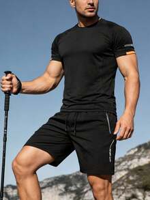 男士夏季轻便速干短裤套装（2件装），休闲户外徒步骑行健身跑步网球运动套装 - 黑色 - 查看 12