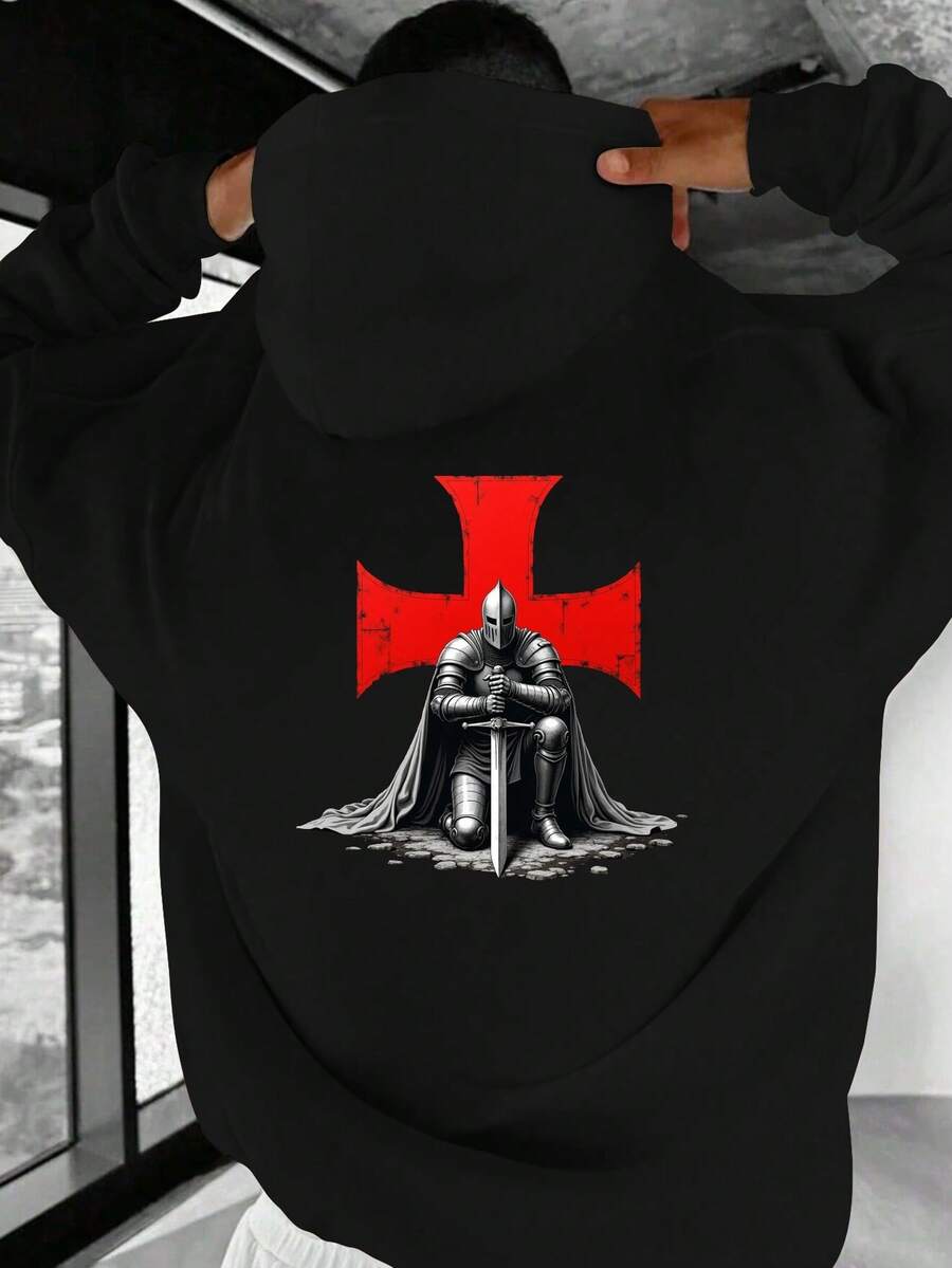 Large Size Men's Hooded Sweatshirt Featuring A Medieval Knight And Red Cross Motif. - Black - View 1