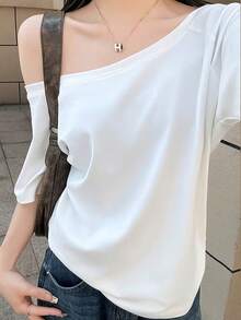 Women's Off-Shoulder White Short Sleeve T-Shirt, High Elasticity Regular Polyester Casual/Office Wear Top - White - View 2