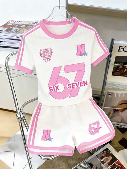 2pcs/Set Girls Casual Sports Chic American College Style Classic Side Stripe Number 67 Letter Print Loose Comfortable Raglan Sleeve T-Shirt And Shorts Set, Spring/Summer