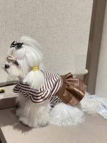 Pet Clothes, Dog Striped Dress, Cat Mini Dress Set - Khaki - View 3