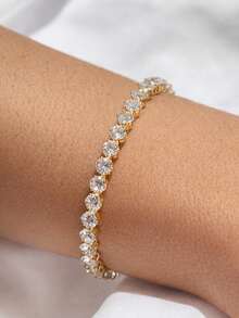 Elegant Luxury Minimalist Adjustable Bracelet With Cubic Zirconia Stones, Sparkly, For Women, Parties, And Gifts. - 金色 - 查看 1