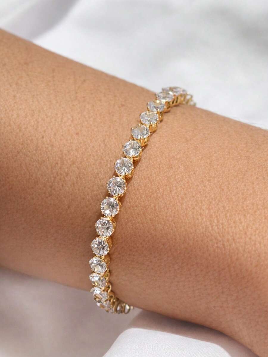 Elegant Luxury Minimalist Adjustable Bracelet With Cubic Zirconia Stones, Sparkly, For Women, Parties, And Gifts. - 金色 - 查看 1