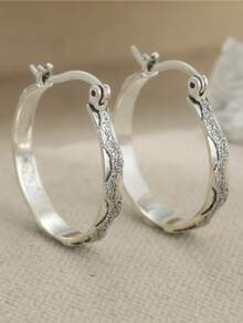 一对简约银色圆环耳环，波西米亚风格，适合女性佩戴，精美婚礼派对节日礼物，完美节日礼物 - 復古銀色 - 查看 2