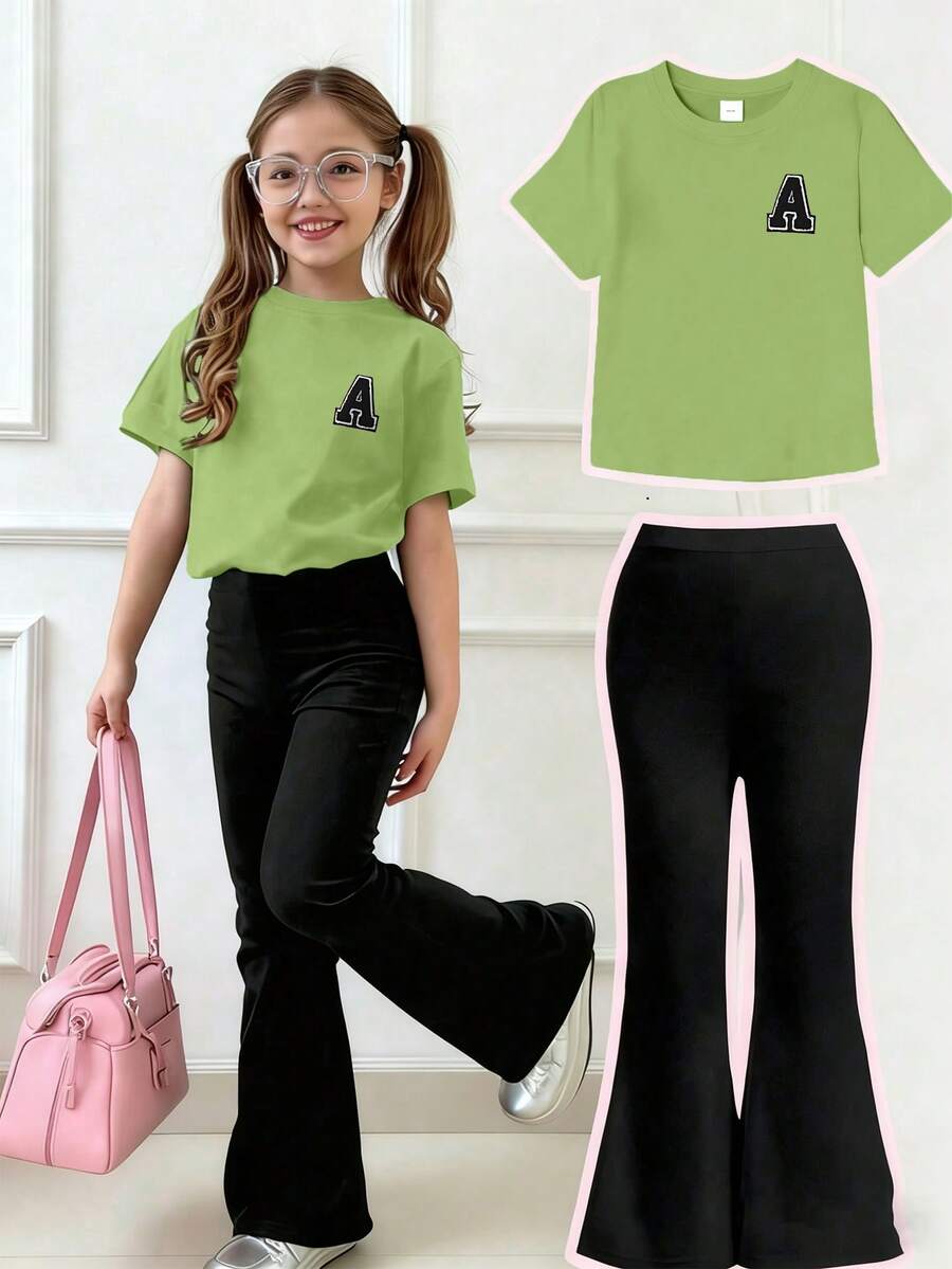 Conjunto de 2 piezas para niña preadolescente con camiseta de manga corta con estampado de letra y pantalones acampanados, suave y lavable a máquina, para primavera/verano - Verde - Ver 1