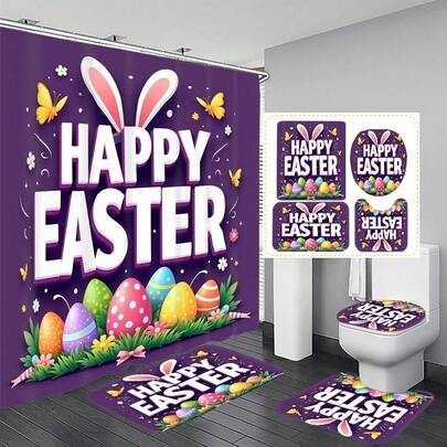 Bộ 1/3/4 rèm tắm họa tiết Phục Sinh kèm 12 móc treo miễn phí, tạo không khí lễ hội trang nhã, bao gồm thảm tắm, thảm chữ U và thảm tròn cho bồn cầu, phù hợp với mọi phong cách trang trí phòng tắm.