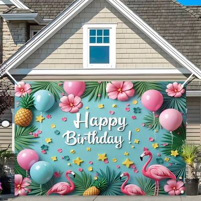1pc Tropical Summer Birthday Banner, Featuring Flamingos, Flowers And Palm Leaves Background