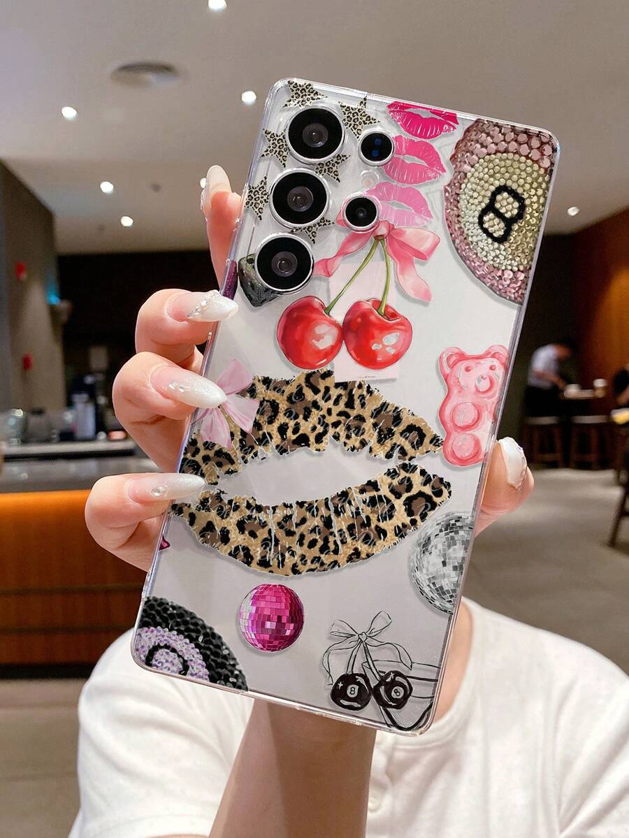1 pieza Funda de teléfono transparente y suave de TPU a prueba de golpes, arañazos y huellas dactilares con protección de la lente de la cámara, compatible con Samsung, Nothing, Pixel, versión internacional, no la versión nacional, con estampado de leopardo, labios, lazo, cereza y bola de billar de moda - Multicolor - Ver 1