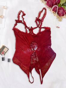 Plus Size Women Sexy Hollow-Out Crotchless Bodysuits Lingerie - Burgundy - View 4