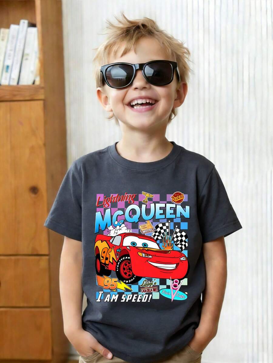 This Disney Pixar Cars Lightning McQueen #95 Race Car Graphic Crewneck T-Shirt Is Perfect For Boys And Girls To Wear To Holiday Parties, Family Gatherings, Outdoor Activities, Travel, And As A Gift For Children Visiting Disneyland. - Grey - View 1