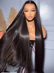 36英寸无胶假发，真人混纺发丝，预先拔毛，预先剪裁，13x4高清蕾丝闭合假发，真人混纺发丝，无胶佩戴，即戴即走，180%密度，波浪卷蕾丝前假发，真人混纺发丝，带婴儿发，自然黑 - 自然色&黑色系 - 查看 4