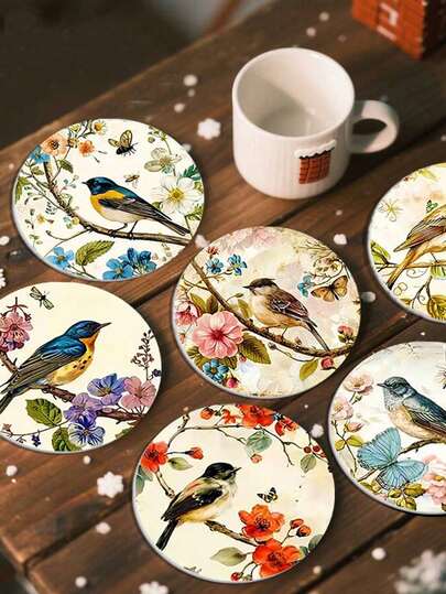 12-Piece Set Of Watercolor-Style Floral And Bird Pattern Wooden Coasters, Fresh, Elegant, Unique, And Natural. Size: 10cm. Suitable As Placemats, Home Decor, Tabletop Heat Protectors, Tableware, And Desktop Protectors.