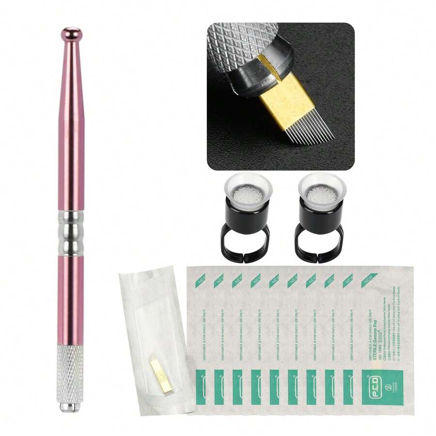 1支手动纹眉笔，适用于专业永久化妆，3D微针纹眉工具，1支笔配10片一次性U18针纹眉刀片，2个海绵环杯 - 彩色 - 查看 1