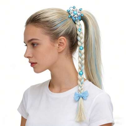 Shiny Floral Print Polyester (Polyester) Ladies' Long Ponytail Braids, Blue Woven Thick Braids, Hair Bands, And Hair Accessories
