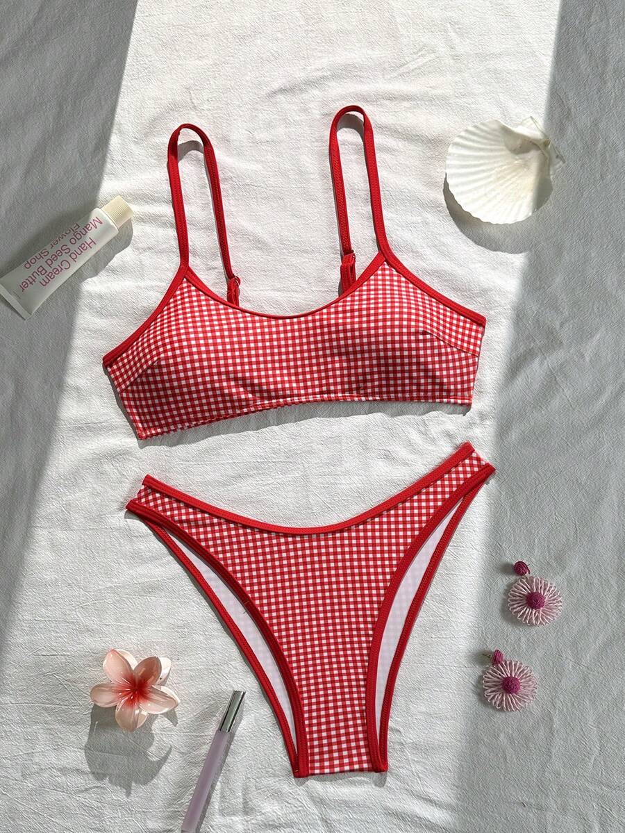 2026 New Spring/Summer Women's Bikini 2 Pieces Set, Classic Fashion Red Plaid Print, Suitable For Beach, Resort, Swimming Pool - Red - View 1