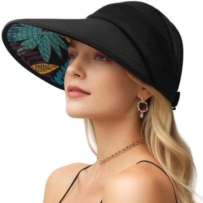 1 pieza Sombrero de sol para mujer con ala ancha, sombrero de sol con protección UV, gorra plegable para playa