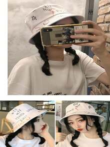 1顶，夏季新款帽子，时尚个性创意彩色涂鸦渔夫帽，字母印花渔夫帽，手绘盆帽，户外情侣旅行帽涂鸦爱心遮阳帽，男女通用，夏季薄款帽子，春夏遮阳帽多功能防晒学生女盆帽，单面全印花双桃心小檐渔夫帽 - 彩色 - 查看 9