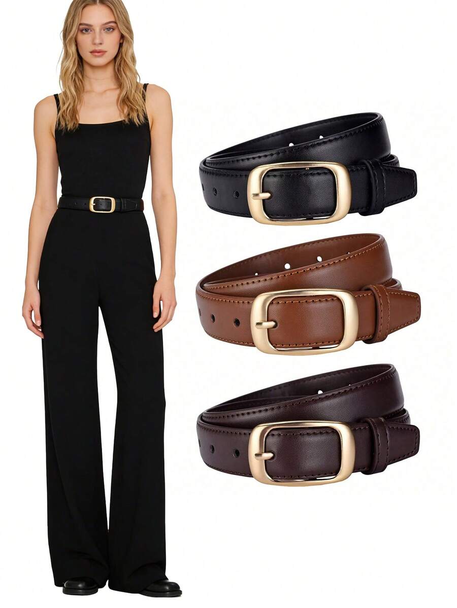 1/2 piezas Conjunto de cinturones de mujer de unicolor con hebilla de aleación ajustable de cuero de PU, accesorio versátil para uso casual, deportivo, de oficina, de viaje, adecuado para primavera, verano, otoño e invierno, regalo perfecto para el Día de San Valentín, cumpleaños, vacaciones - Multicolor - Ver 1