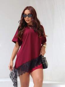 Asymmetrical Lace T-Shirt, Asymmetrical Lace Tee, Autumn/Winter Collection - Redwood - View 3