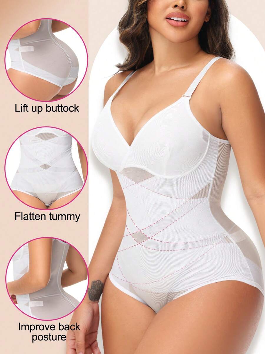 Body moldeador cruzado de malla para mujer, de una pieza con cuello en V y tirantes ajustables, control de abdomen, moldeador de cintura, compresión abdominal y ajuste ceñido. - Blanco - Ver 1